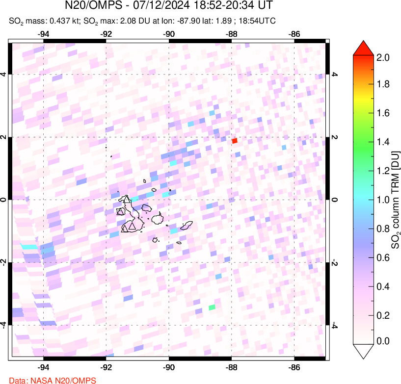 A sulfur dioxide image over Galápagos Islands on Jul 12, 2024.