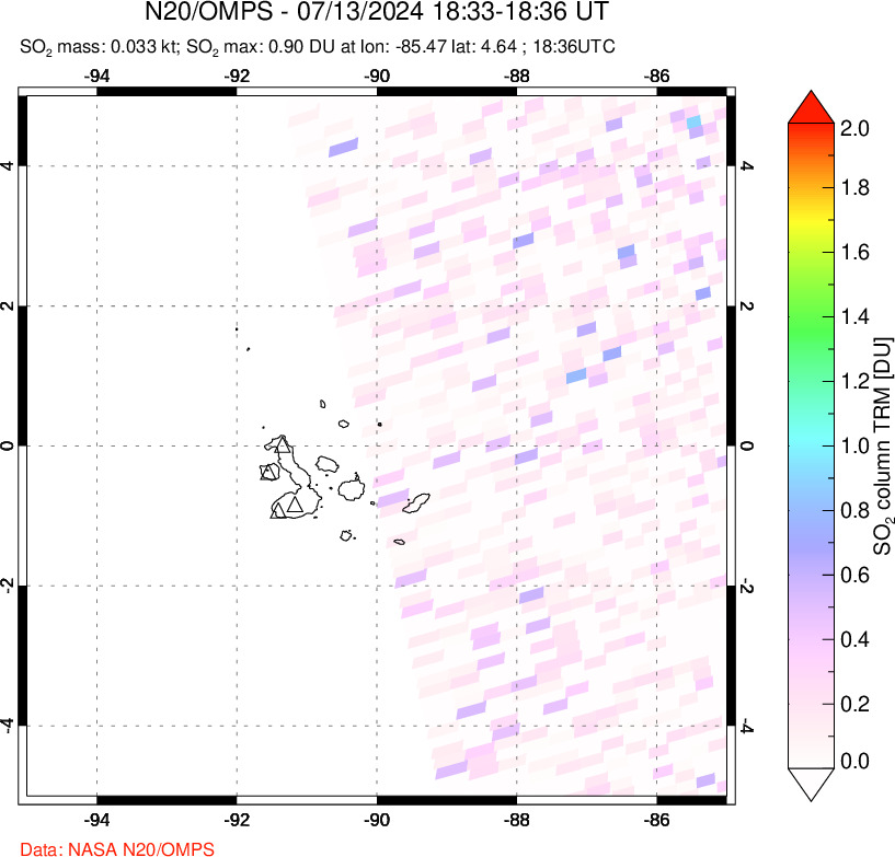 A sulfur dioxide image over Galápagos Islands on Jul 13, 2024.