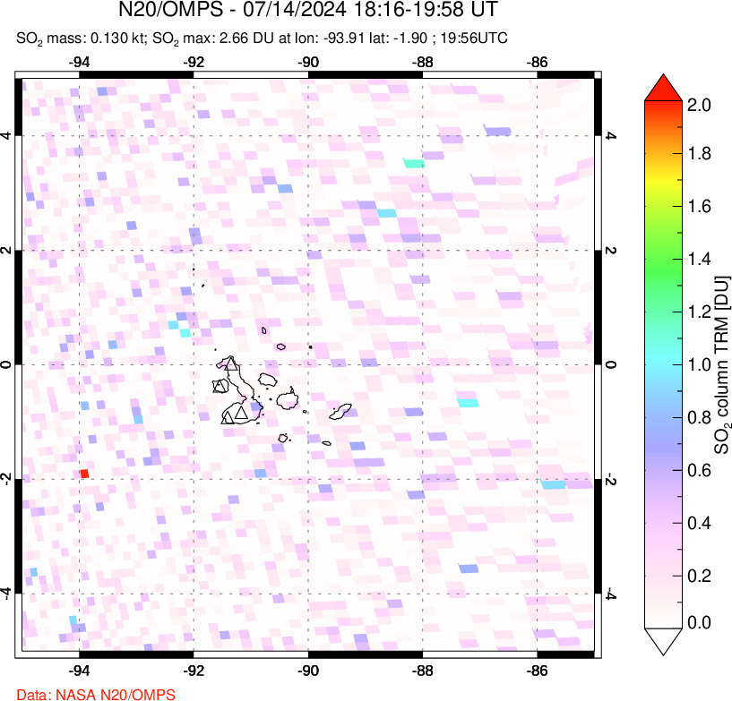 A sulfur dioxide image over Galápagos Islands on Jul 14, 2024.