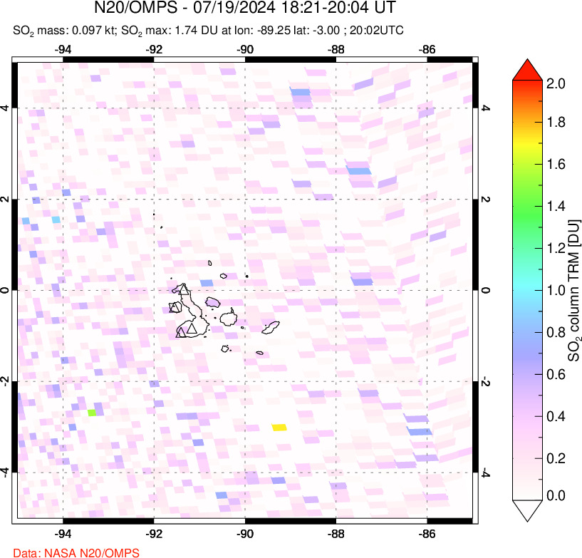 A sulfur dioxide image over Galápagos Islands on Jul 19, 2024.