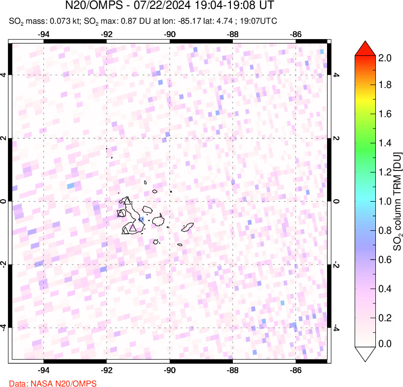 A sulfur dioxide image over Galápagos Islands on Jul 22, 2024.