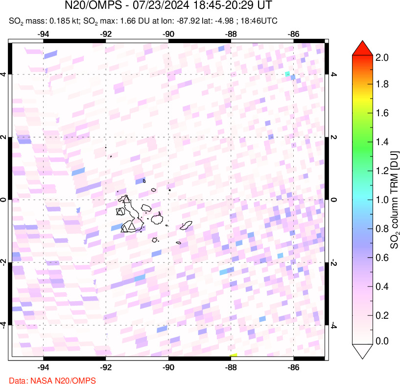 A sulfur dioxide image over Galápagos Islands on Jul 23, 2024.