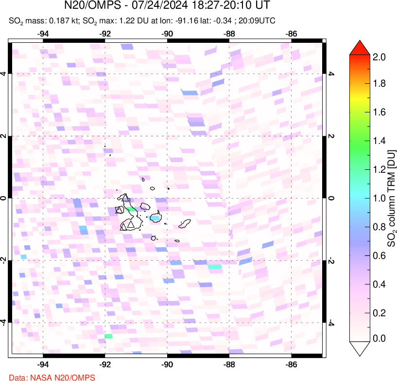 A sulfur dioxide image over Galápagos Islands on Jul 24, 2024.