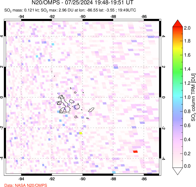 A sulfur dioxide image over Galápagos Islands on Jul 25, 2024.