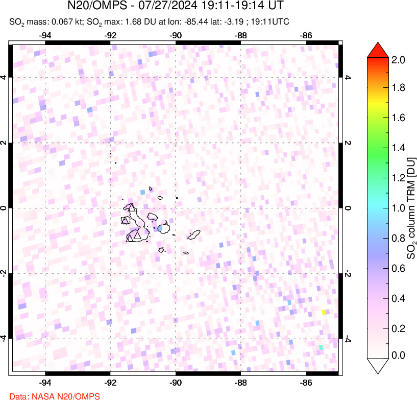 A sulfur dioxide image over Galápagos Islands on Jul 27, 2024.