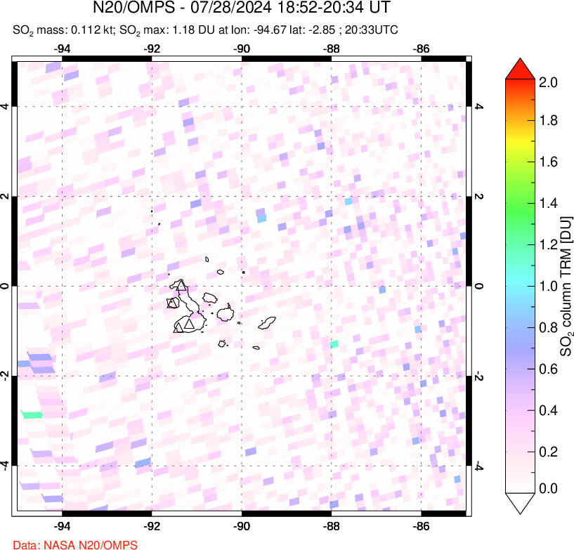 A sulfur dioxide image over Galápagos Islands on Jul 28, 2024.