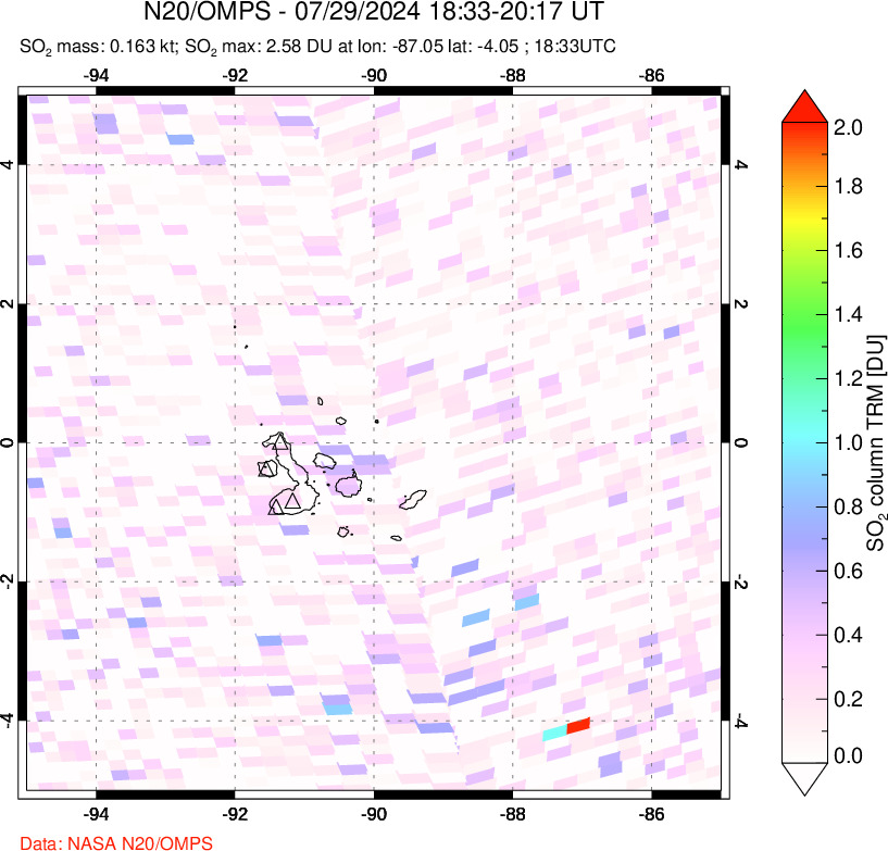 A sulfur dioxide image over Galápagos Islands on Jul 29, 2024.