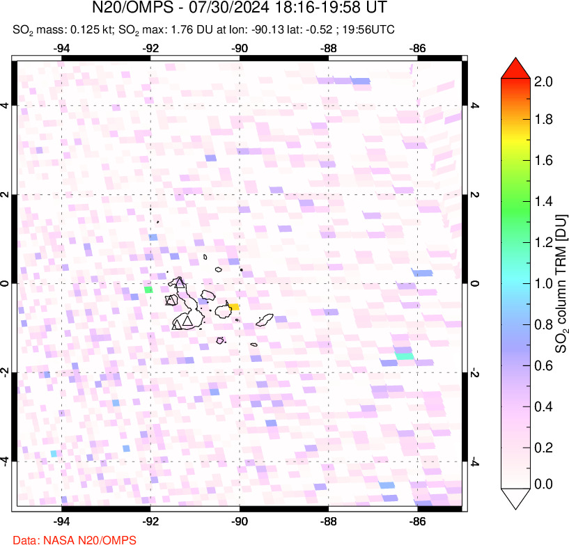 A sulfur dioxide image over Galápagos Islands on Jul 30, 2024.