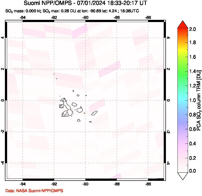 A sulfur dioxide image over Galápagos Islands on Jul 01, 2024.