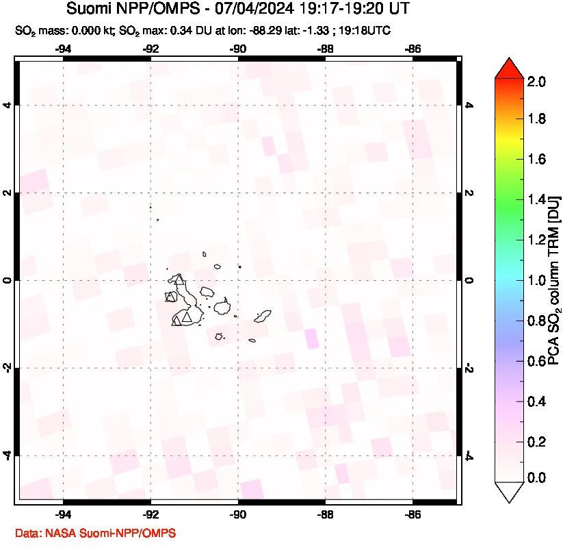 A sulfur dioxide image over Galápagos Islands on Jul 04, 2024.