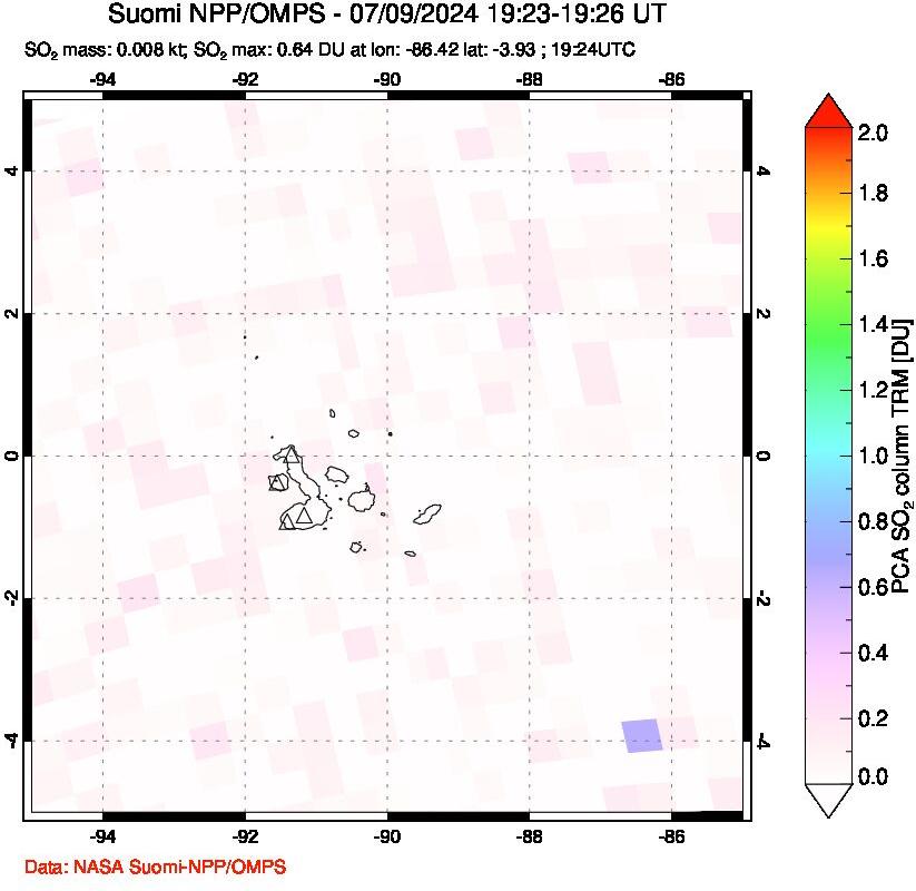 A sulfur dioxide image over Galápagos Islands on Jul 09, 2024.