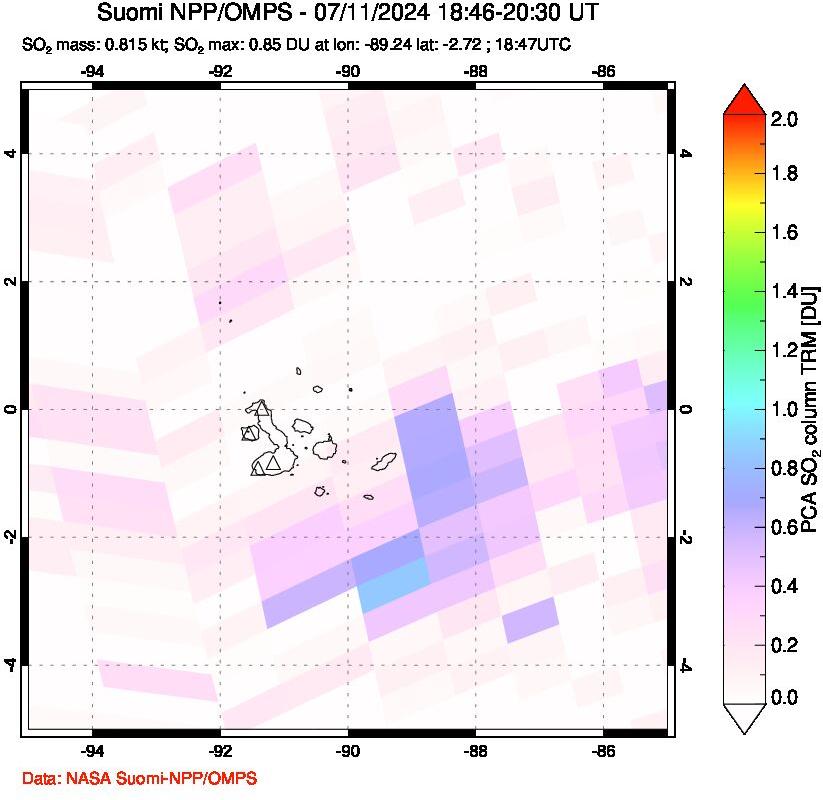 A sulfur dioxide image over Galápagos Islands on Jul 11, 2024.