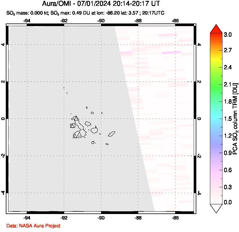 A sulfur dioxide image over Galápagos Islands on Jul 01, 2024.