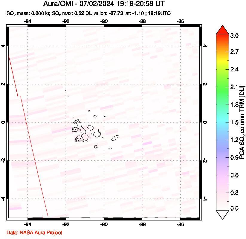 A sulfur dioxide image over Galápagos Islands on Jul 02, 2024.