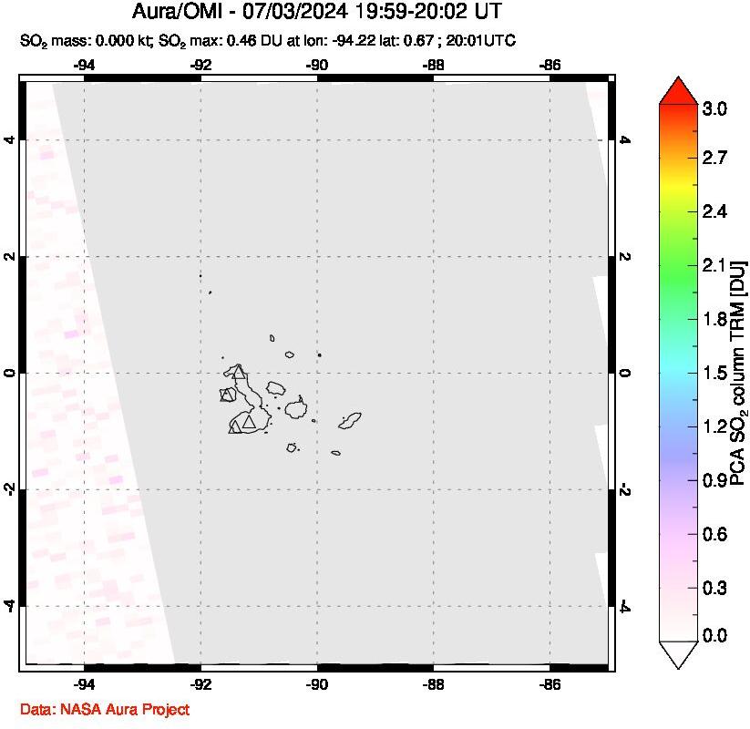 A sulfur dioxide image over Galápagos Islands on Jul 03, 2024.