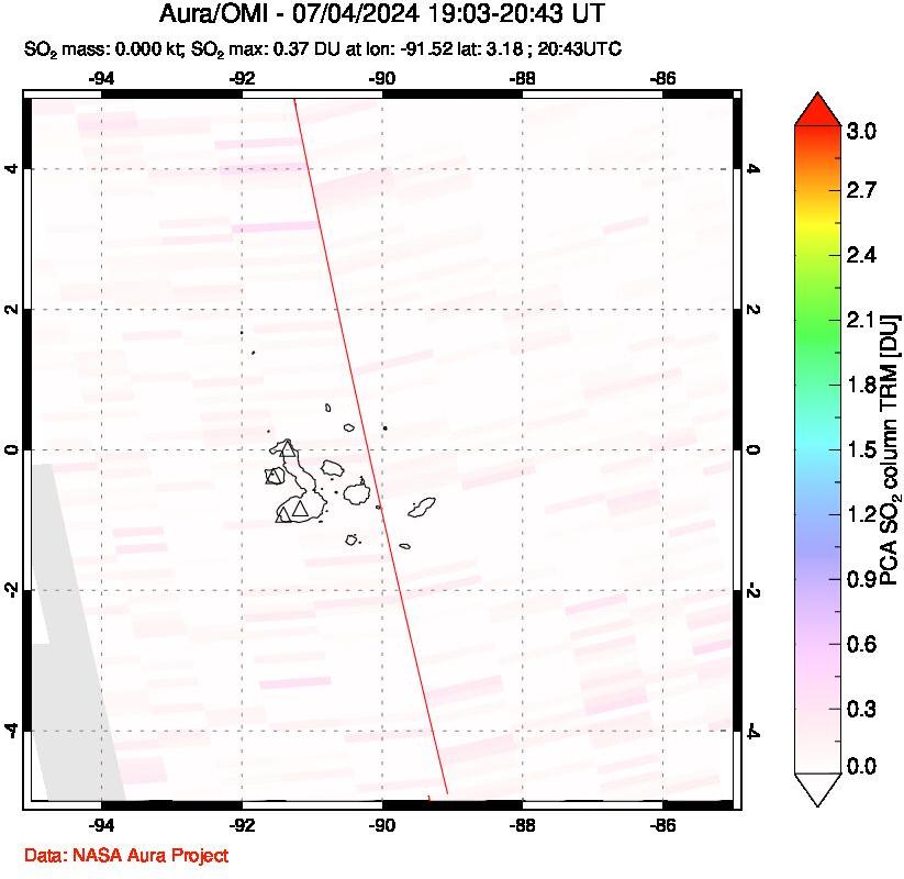 A sulfur dioxide image over Galápagos Islands on Jul 04, 2024.