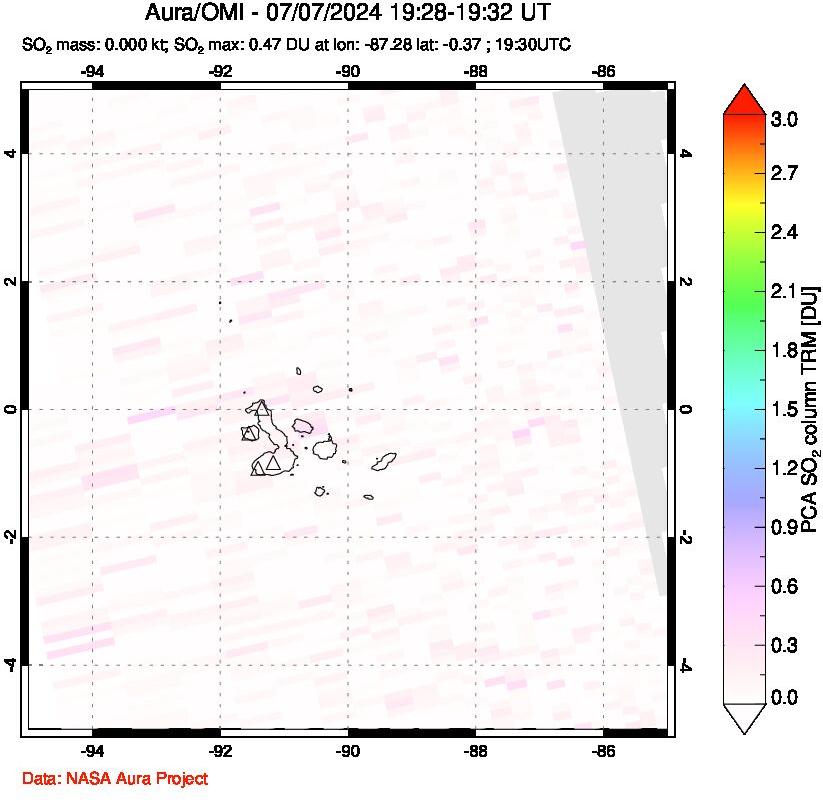 A sulfur dioxide image over Galápagos Islands on Jul 07, 2024.