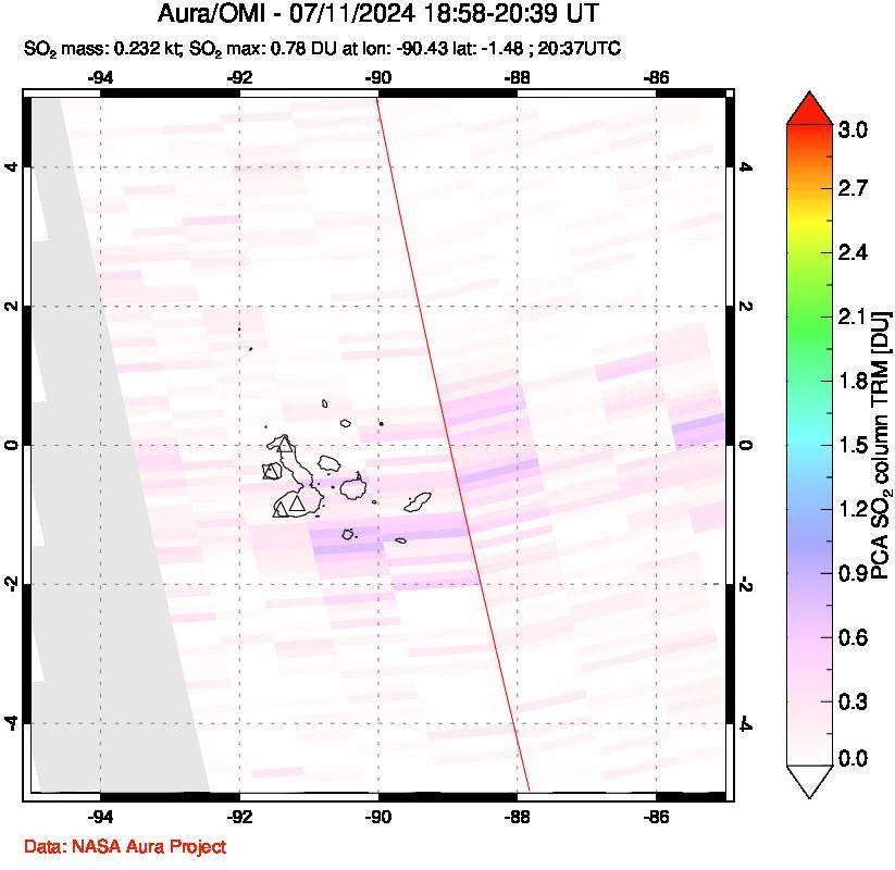 A sulfur dioxide image over Galápagos Islands on Jul 11, 2024.