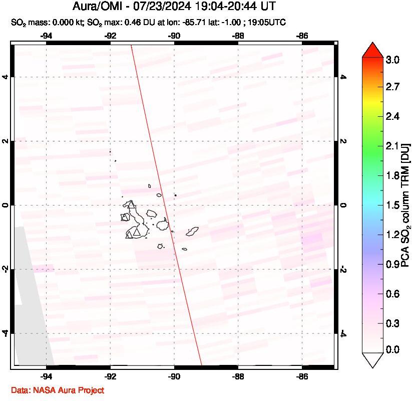 A sulfur dioxide image over Galápagos Islands on Jul 23, 2024.