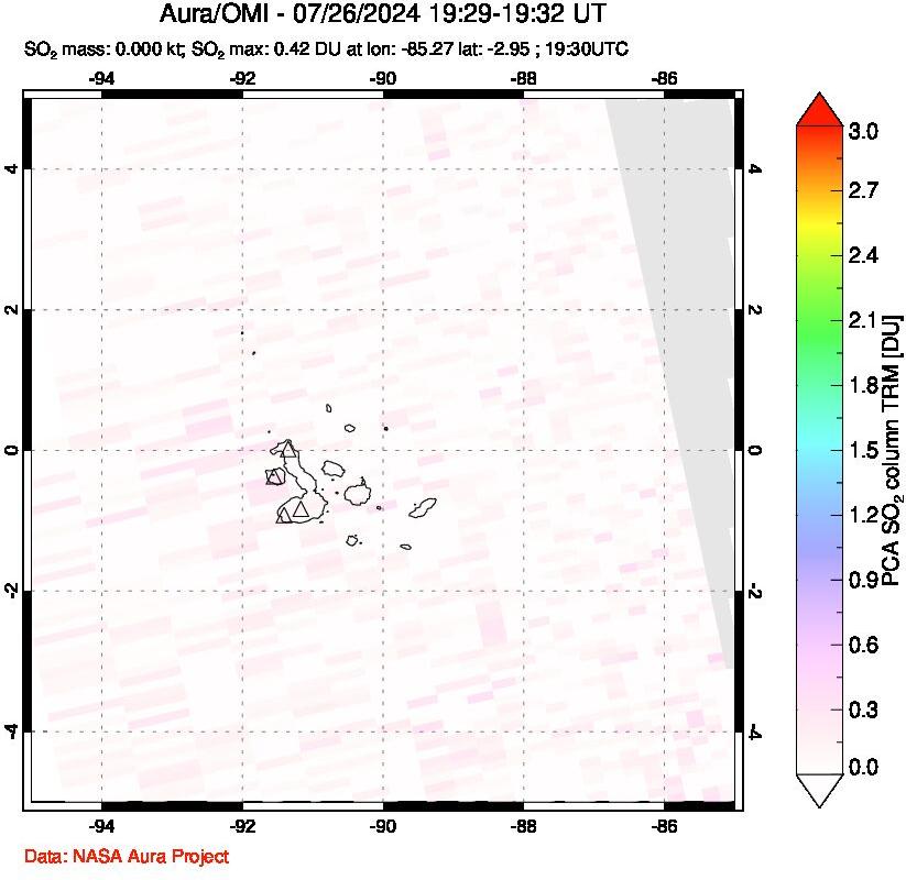 A sulfur dioxide image over Galápagos Islands on Jul 26, 2024.