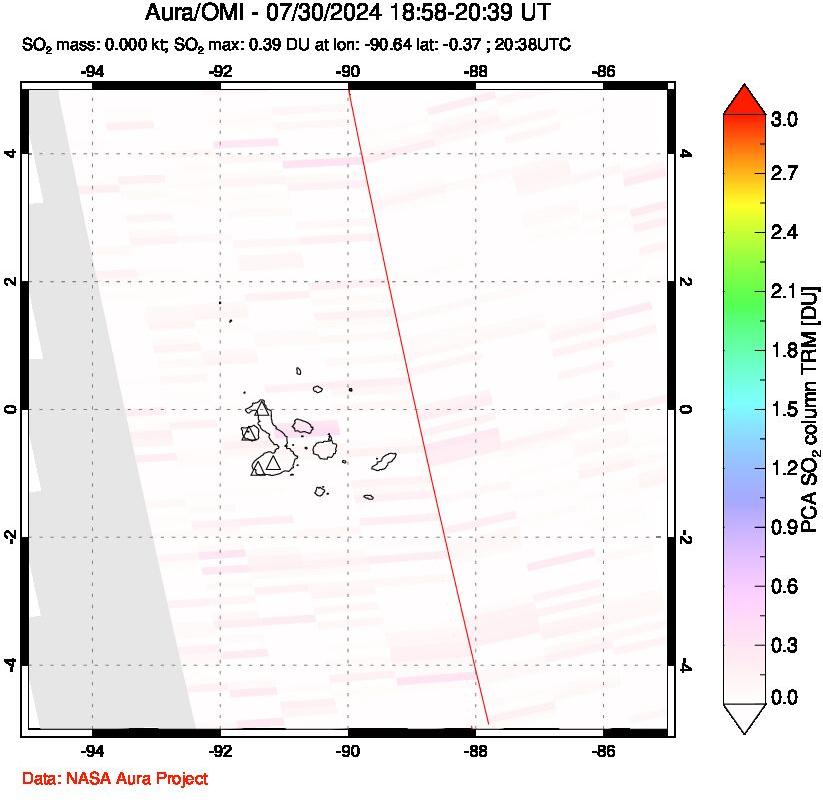 A sulfur dioxide image over Galápagos Islands on Jul 30, 2024.