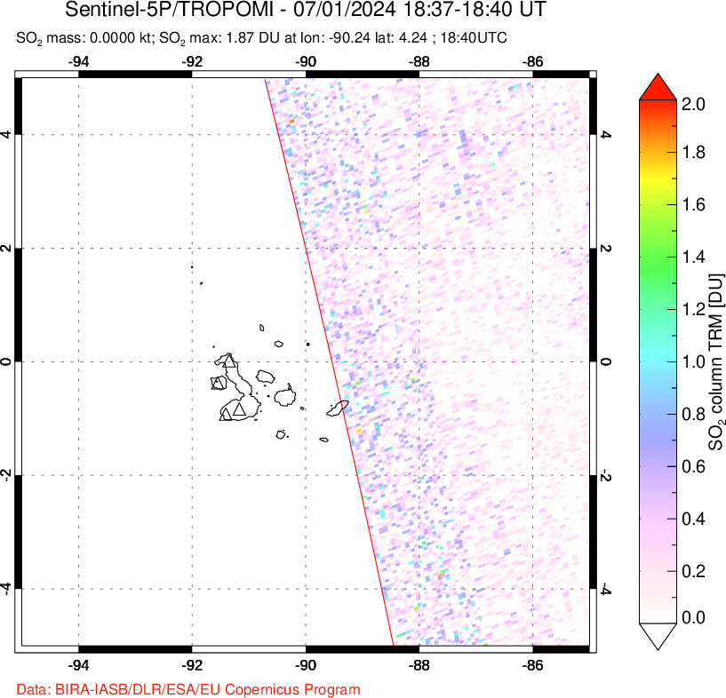 A sulfur dioxide image over Galápagos Islands on Jul 01, 2024.