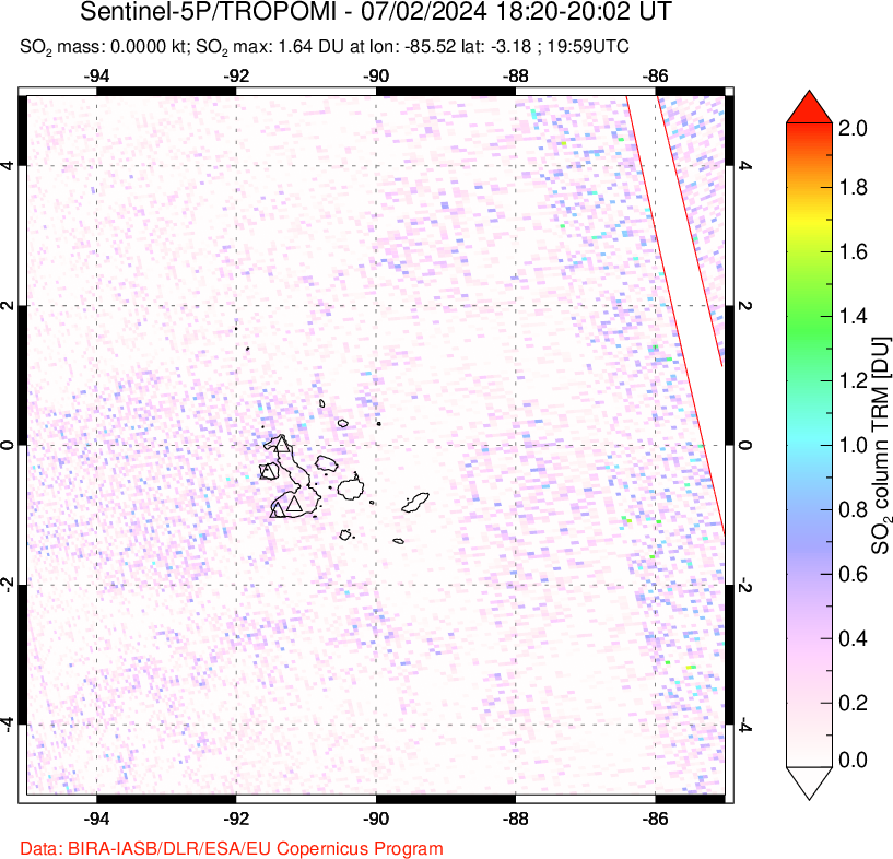 A sulfur dioxide image over Galápagos Islands on Jul 02, 2024.