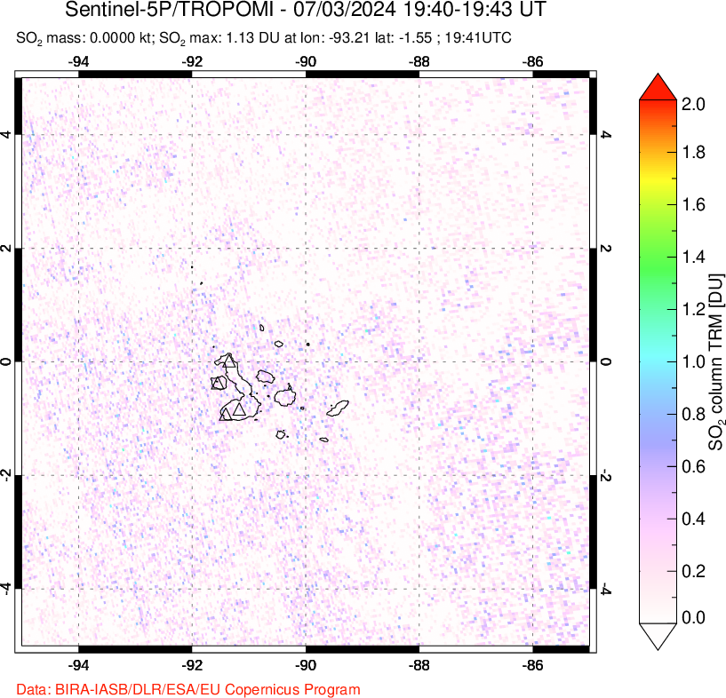 A sulfur dioxide image over Galápagos Islands on Jul 03, 2024.