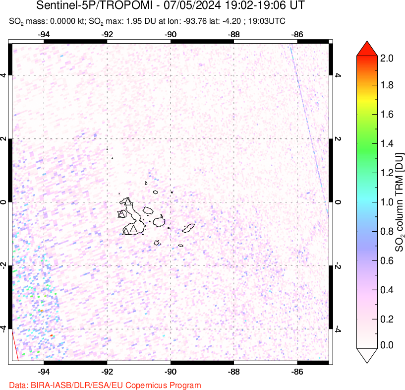 A sulfur dioxide image over Galápagos Islands on Jul 05, 2024.