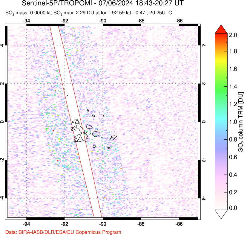 A sulfur dioxide image over Galápagos Islands on Jul 06, 2024.