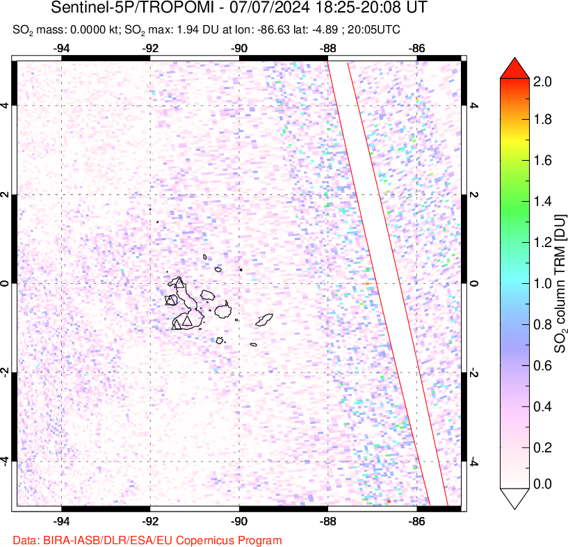 A sulfur dioxide image over Galápagos Islands on Jul 07, 2024.