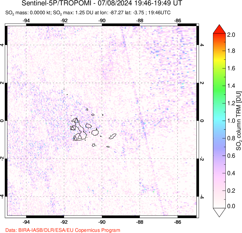 A sulfur dioxide image over Galápagos Islands on Jul 08, 2024.