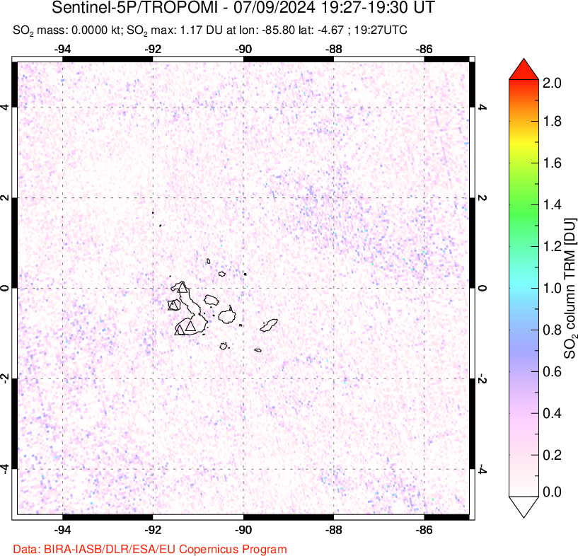 A sulfur dioxide image over Galápagos Islands on Jul 09, 2024.