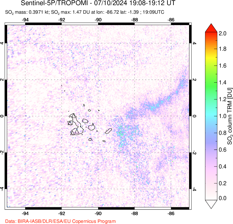 A sulfur dioxide image over Galápagos Islands on Jul 10, 2024.