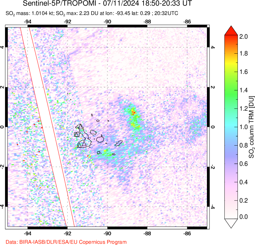 A sulfur dioxide image over Galápagos Islands on Jul 11, 2024.