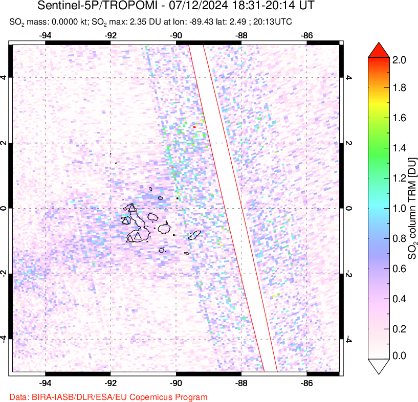 A sulfur dioxide image over Galápagos Islands on Jul 12, 2024.