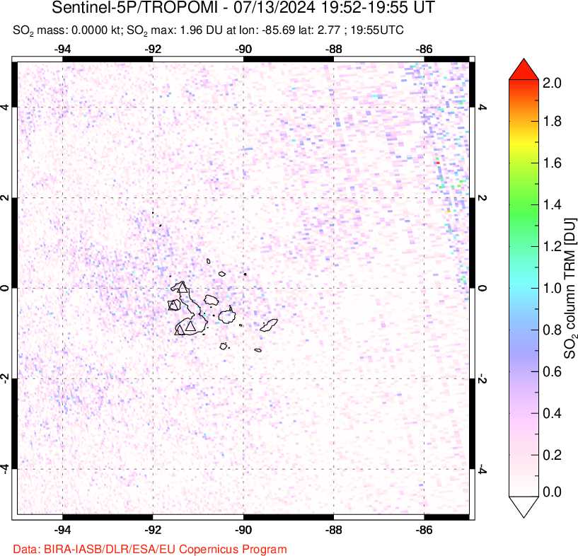 A sulfur dioxide image over Galápagos Islands on Jul 13, 2024.