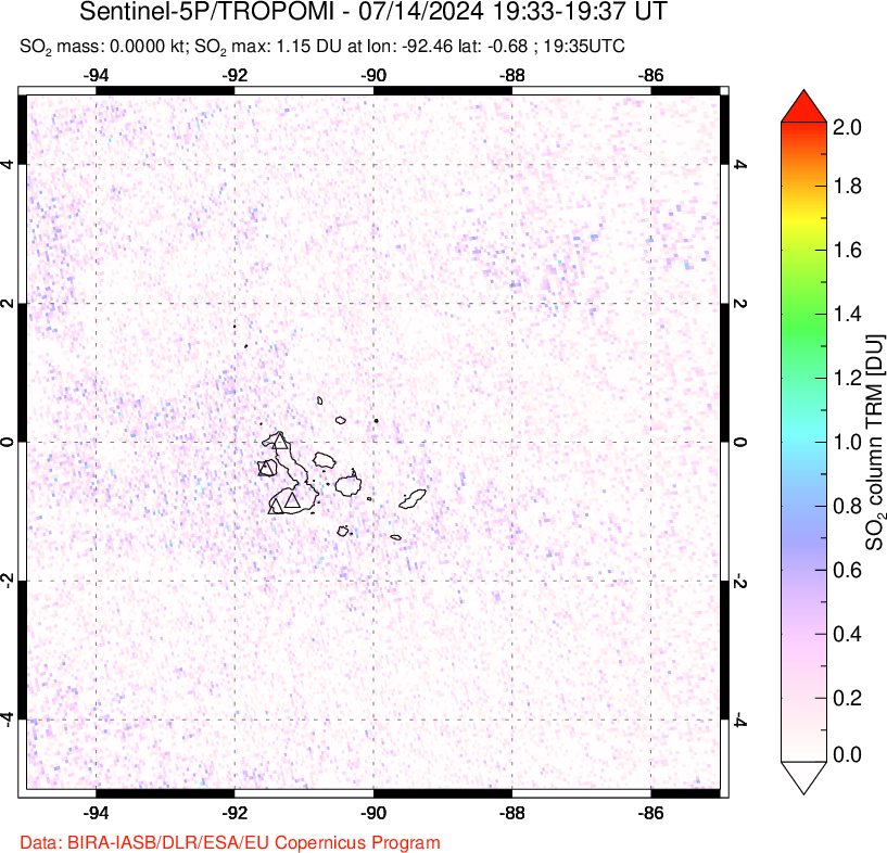 A sulfur dioxide image over Galápagos Islands on Jul 14, 2024.