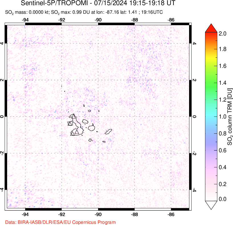 A sulfur dioxide image over Galápagos Islands on Jul 15, 2024.