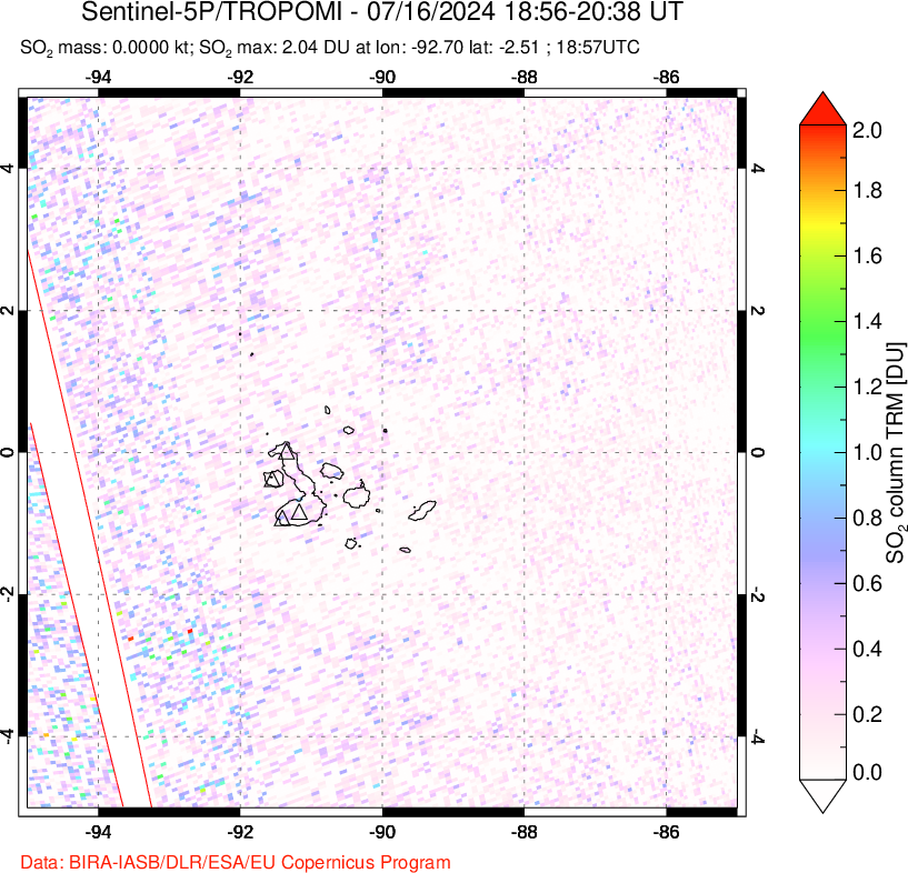 A sulfur dioxide image over Galápagos Islands on Jul 16, 2024.