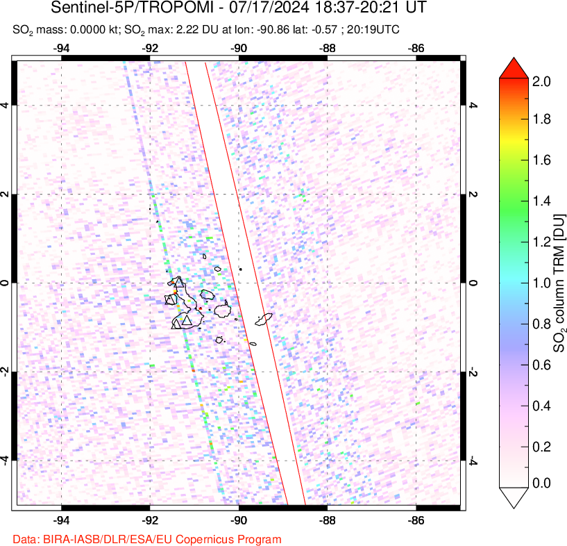 A sulfur dioxide image over Galápagos Islands on Jul 17, 2024.