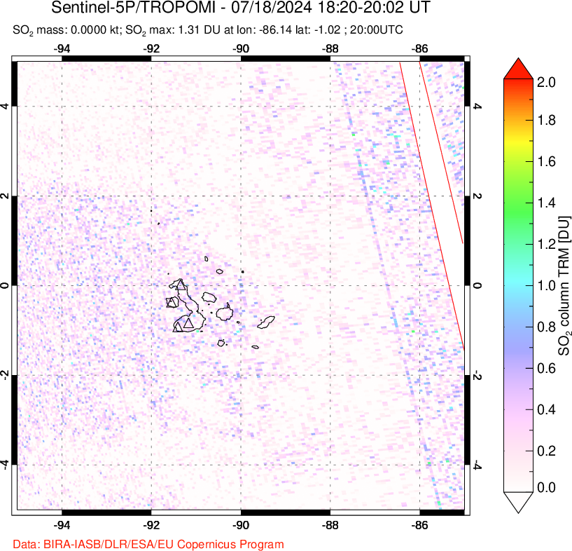 A sulfur dioxide image over Galápagos Islands on Jul 18, 2024.