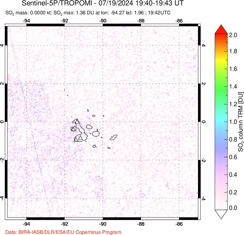 A sulfur dioxide image over Galápagos Islands on Jul 19, 2024.