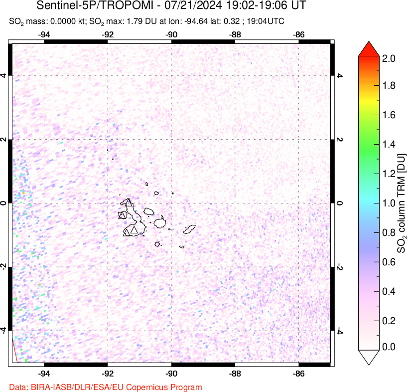 A sulfur dioxide image over Galápagos Islands on Jul 21, 2024.