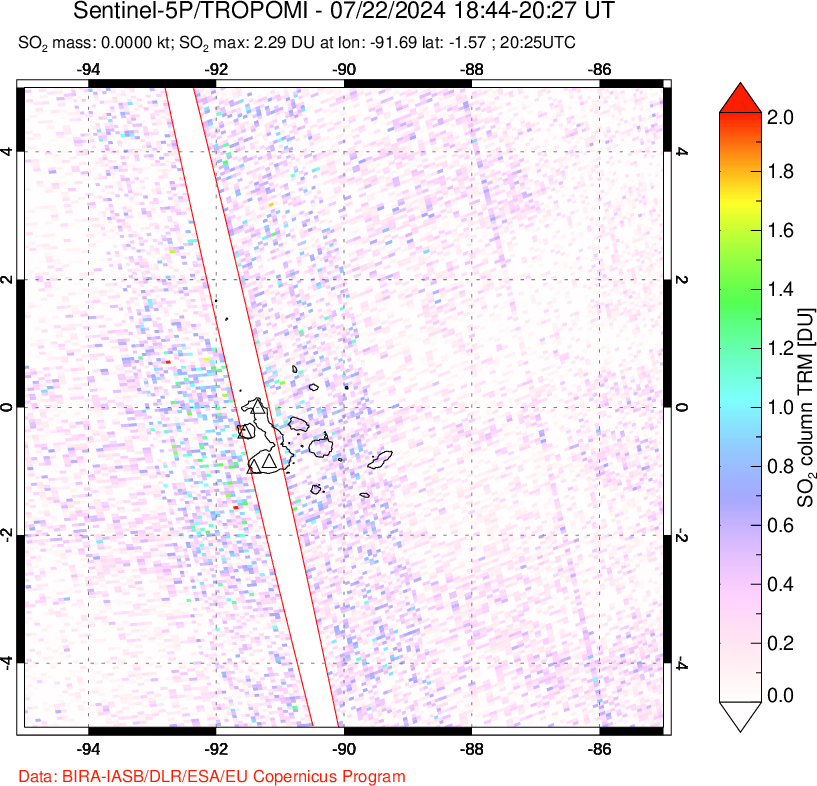 A sulfur dioxide image over Galápagos Islands on Jul 22, 2024.