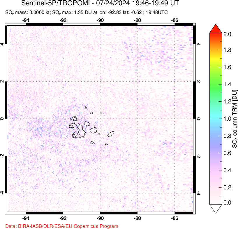 A sulfur dioxide image over Galápagos Islands on Jul 24, 2024.