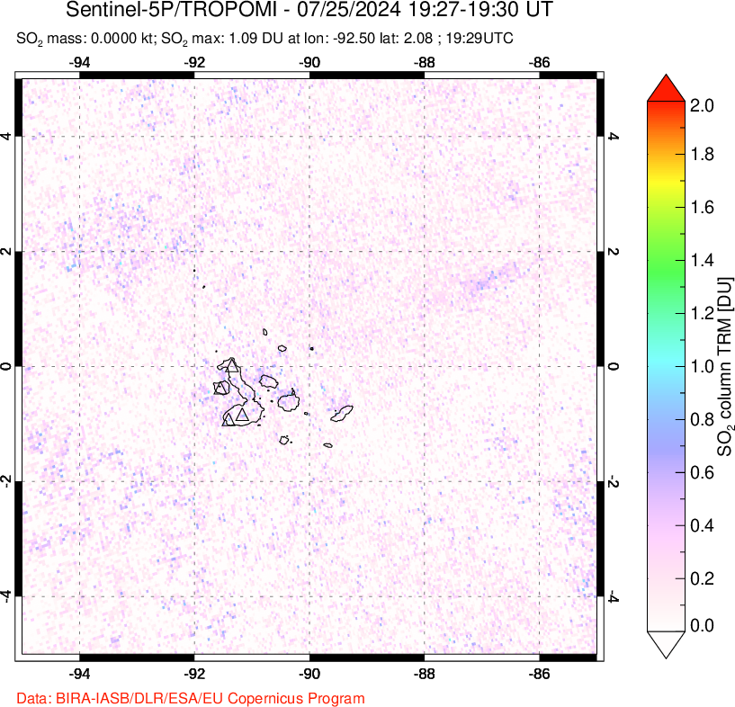 A sulfur dioxide image over Galápagos Islands on Jul 25, 2024.