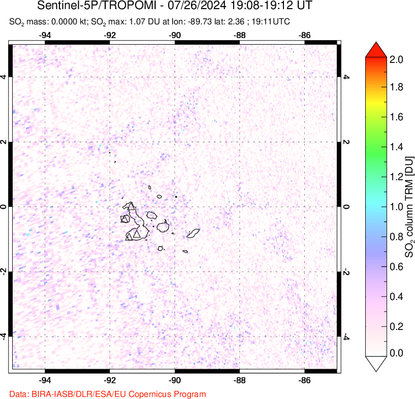 A sulfur dioxide image over Galápagos Islands on Jul 26, 2024.