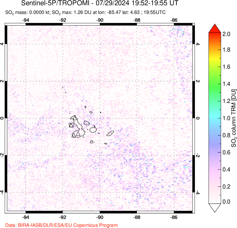 A sulfur dioxide image over Galápagos Islands on Jul 29, 2024.