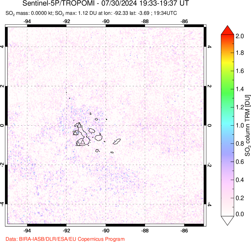 A sulfur dioxide image over Galápagos Islands on Jul 30, 2024.